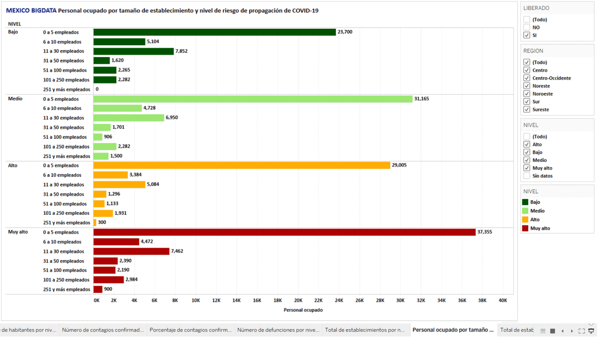 Gráfica 8. Personal ocupado en establecimientos de la lista inicial de “la esperanza” por nivel de riesgo de propagación de COVID-19 y número de trabajadores